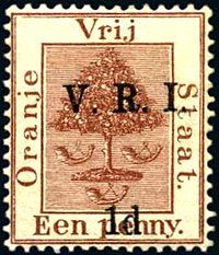 A stamp of the Orange Free State overprinted V.R.I. in 1900 during the British occupation. Orange Free State, 1900 V.R.I. overprint, level stops, 1d on 1d brown.jpg