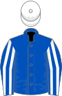 Royal blue, white striped sleeves, white cap