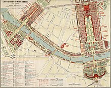 Map of the 1900 Paris Exposition, with the route of the moving sidewalk marked in red. P. Bineteau, Exposition universelle de 1900 - plan general.jpg