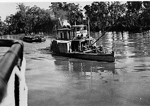 The Paddle Steamer Hero was purchased by the Commission in 1942 to transport redgum firewood from Barmah Forest to Echuca. Paddle Steamer Hero - towing wood near Barmah Forest - Murray River.jpg