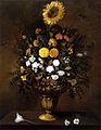 Pedro de Camprobín: Blumenvase mit Sonnenblume und Tagetes, um 1665, Privatsammlung