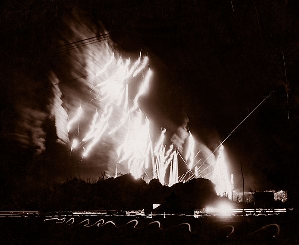 Tracer ammunition fired by United States military captured in a long-exposure photograph of a Japanese attack on Peleliu, 1944