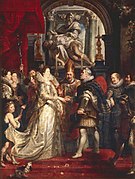 The wedding ceremony of the queen label QS:Lfr,"Les Épousailles de la reine" label QS:Len,"The wedding ceremony of the queen" label QS:Lpl,"Ślub per procura Marii Medycejskiej z królem Henrykiem IV" label QS:Lnl,"De huwelijksplechtigheid van de koningin" . 1621–1625. oil on canvas medium QS:P186,Q296955;P186,Q12321255,P518,Q861259 . 394 × 295 cm (12.9 × 9.6 ft). Paris, Louvre Museum.