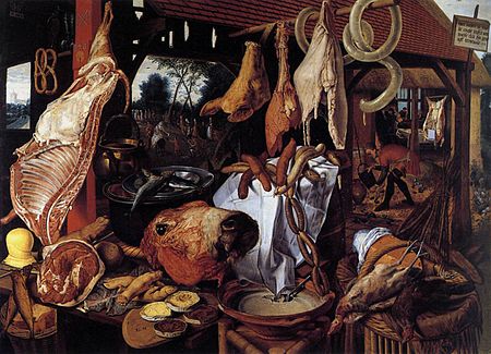 Aertsen - A Meat Stall with the Holy Family Giving Alms, Gustavianum Pieter Aertsen - Butcher's Stall - WGA00066.jpg