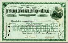 Share of the Pittsburgh, Cincinnati, Chicago and St. Louis Railroad Company, issued 13. February 1917 Pittsburgh, Cincinnati, Chicago and St. Louis RR 1917.jpg