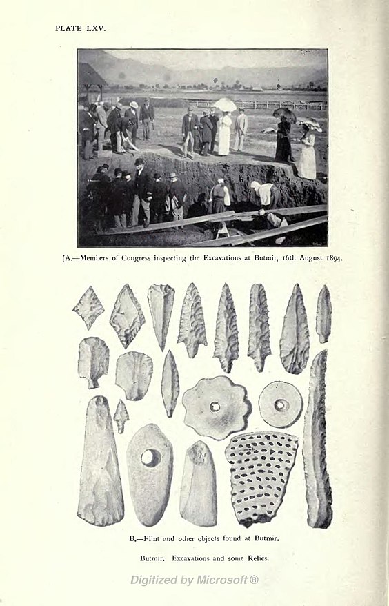 [A.—Members of Congress inspecting the Excavations at Butmir, 16th August 1894. B.—Flint and other objects found at Butmir. Butmir. Excavations and some Relics.