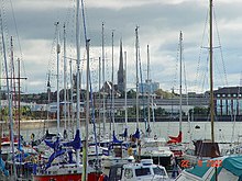 A view from the docklands towards St Walburge's Church