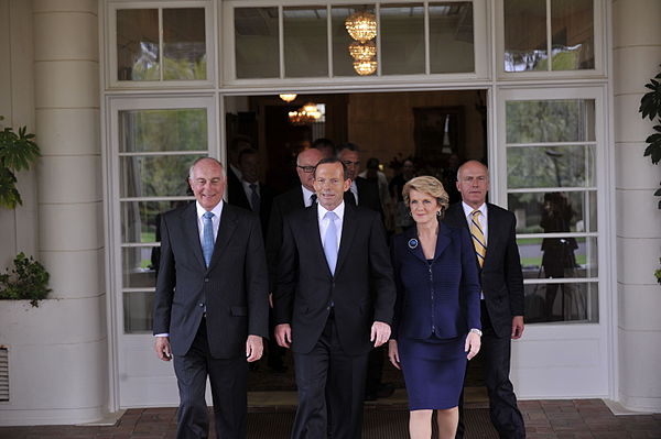 Senior members of the government following their swearing-in ceremony: Warren Truss, Tony Abbott, Julie Bishop, and Eric Abetz.