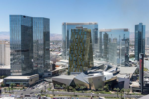 CityCenter complex in 2015, seen from the roof terrace of Marriott's Grand Chateau. From left to right: Waldorf Astoria, Crystals, Aria, Veer Towers, 
