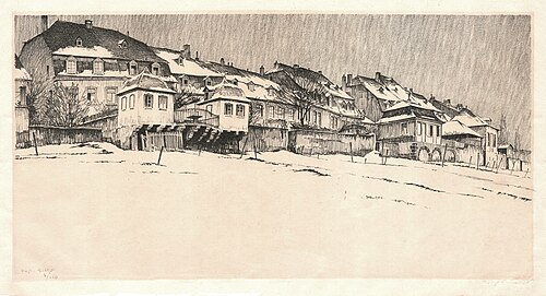 Lithography (1920) by Fritz Quant: "Zurlaubener Ufer im Schnee" in Trier