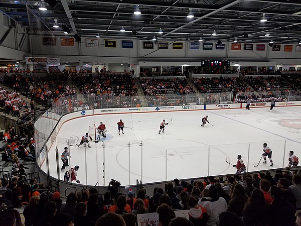 RIT men's hockey in action against Robert Morris University at the Gene Polisseni Center in 2019