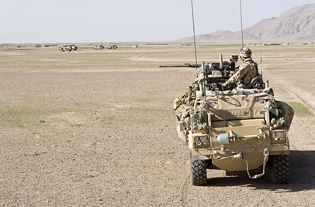 A Jackal armoured vehicle of 3 Commando Brigade, Royal Marines, on patrol during Operation Fibonacci near Kuh-e Baba and Shin Ghar, Helmand, Afghanist