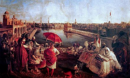 Maharaja Ranjit Singh listening to Guru Granth Sahib being recited near the Akal Takht and Golden Temple, Amritsar, Punjab, India. Painting by August Schoefft, 1850