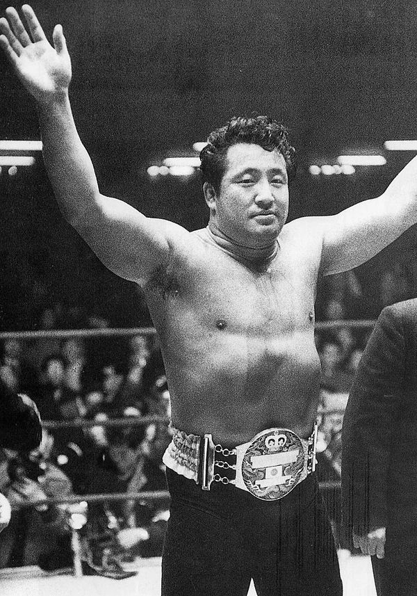 Rikidōzan with the Japanese Heavyweight Championship belt, 1954