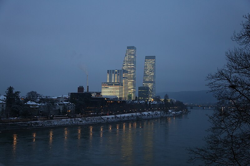 File:Riverfront of Basel Wettstein with Roche Towers on a winter morning.jpg