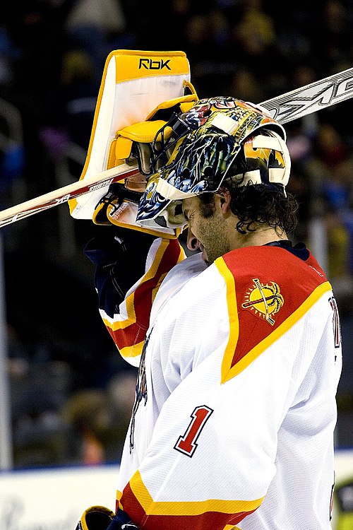 Luongo with the Panthers in November 2005. Luongo has always worn the number "1" in the NHL.