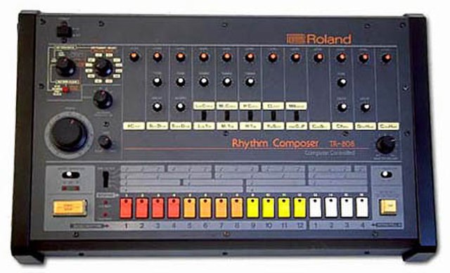 The instrument that provided electro's synthesized programmed drum beats, the Roland TR-808 drum machine.
