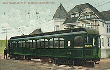 1909 postcard of an interurban car Schenectady Limited car in Gloversville 1909 postcard.jpg