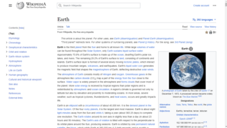 Screenshot of English Wikipedia's article on Earth, a featured-class article Screenshot of English Wikipedia article on Earth on 30 March 2021 (cropped).png