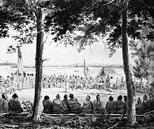 Pawnees in a parley with Major Long's expedition at Engineer Cantonment, near Council Bluffs, Iowa, in October 1819 Seymour Pawnees 1819.jpg