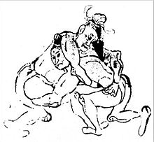 Two wrestlers, drawing of a detail of a Dunhuang fresco, ca. 7th century. Shuai jiao wrestling.JPG