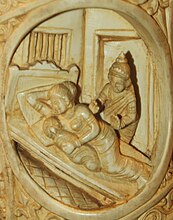 Tấm bia điêu khắc bằng ngà voi tái hiện cảnh Đức Phật từ biệt khi vợ là Da-du-đà-la và con trai La-hầu-la đang ngủ.