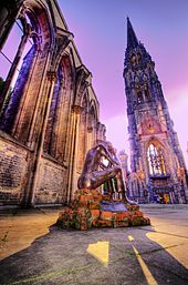 Sculpture at the main memorial in the ruins of the Nikolaikirche St. Nikolai Memorial Church.jpg