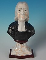 John Wesley, an influential preacher in the Potteries, circa 1840. Derived from an Enoch Wood bust from the previous century.