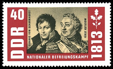 Timbre-poste est-allemand représentant Gerhard von Scharnhorst et Mikhaïl Koutouzov pour le 150e anniversaire de la « guerre de libération » contre Napoléon, 1963.