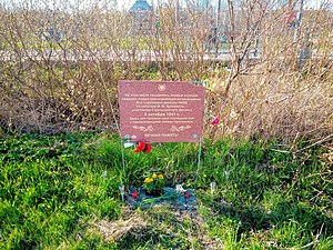 Временный памятный знак Стрельнинскому десанту на Петергофском шоссе у торгового комплекса "Лента", 9-е мая 2020 года