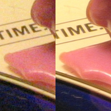 Compared to a single image marred by noise during its acquisition or transmission (left), the signal-to-noise ratio is improved by suitable combination of several separately-obtained images (right). This can be achieved only within the intrinsic resolution capability of the imaging process for revealing such detail. Super-resolution example closeup.png