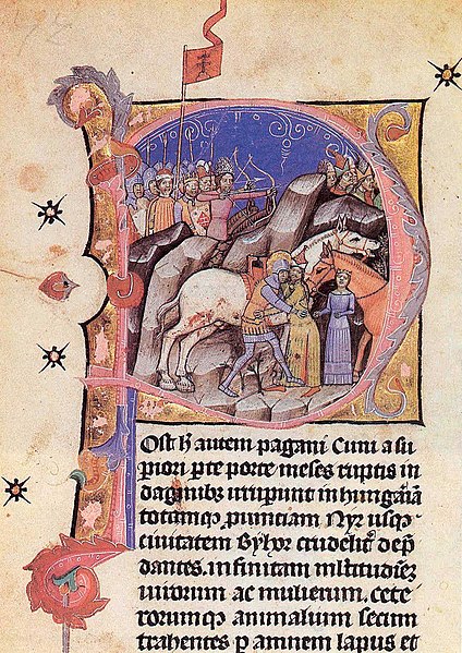 After the Battle of Kerlés in 1068, Saint Ladislaus is fighting a duel with a cuman warrior who kidnapped a girl. (Chronicon Pictum, 1358)
