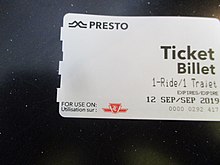 A limited-use, one-ride TTC Presto ticket TTC Presto ticket.jpg