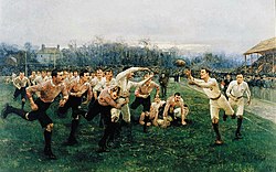 The Battle of the Roses, depiction of a match between Yorkshire and Lancashire in 1893. Painting by William Barnes Wollen. The Roses Match.jpg