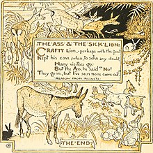 Page from The Baby's Own Aesop, Walter Crane, 1908. The baby's own Aesop - being the fables condensed in rhyme with portable morals pictorially pointed by Walter Crane. Engraved and printed in colours by Edmund Evans (1908) (14566750750).jpg