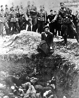 Although this photograph is offen identifed as The last Jew in Vinnitsa it is in fact showing an unknown Jewish man--probably on 28 July 1941 in Berdychiv (Berditschew) and not Vinnitsya --about to be shot dead by a member of Einsatzgruppe D, a mobile death squad of the Nazi SS. The victim is kneeling beside a mass grave already containing bodies; behind, a group of SS and Reich Labour Service men watch. The last Jew in Vinnitsa, 1941.jpg