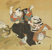 Three Actors Playing a Scene, Torii Kiyonobu I. The red-brown robe of actor, lower right, is darkened red lead. Three actors playing a scene.png