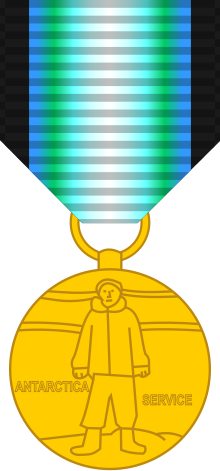 This distinction; awarded by the United States Government, recognizes both military service personnel and civilians that served in Antarctica either for research or defense purposes benefitting the United States of America. Those in service at measurements of 60 degrees South latitude in endeavors and equally as civilian participants may also qualify. US Antarctic Service Medal.svg