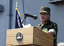 Endriartono Sutarto proposed the creation of a new march for the armed forces. US Navy 050203-N-0499M-055 Indonesian Armed Forces Commander in Chief, Gen. Endriatono Sutarto, thank the crew of the Nimitz-class aircraft carrier USS Abraham Lincoln (CVN 72) and embarked Carrier Air Wing Two (CVW-2) for the.jpg