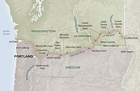 A map showing the lower Snake and Columbia rivers, with locations of dams, cities and significant landmarks indicated