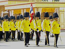 Thai Marines of the Royal Guard in ceremonial uniform Unit colours of the 1st Marine Battalion, King's Guard.jpg