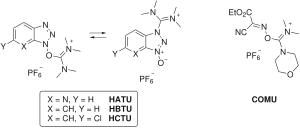 Uronium-based peptide coupling reagents Uronium peptide coupling reagents HATU HBTU HCTU COMU.svg