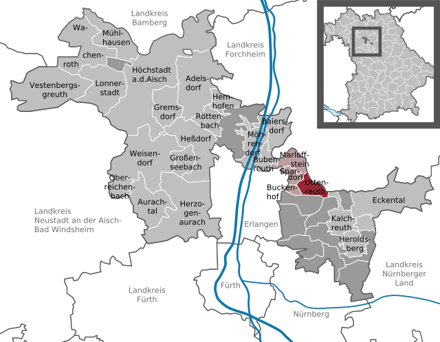 Läget för Uttenreuth i Landkreis Erlangen-Höchstadt