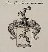 Coat of arms of the Hirsch auf Gereuth family. Wappen von Hirsch auf Gereuth.jpg