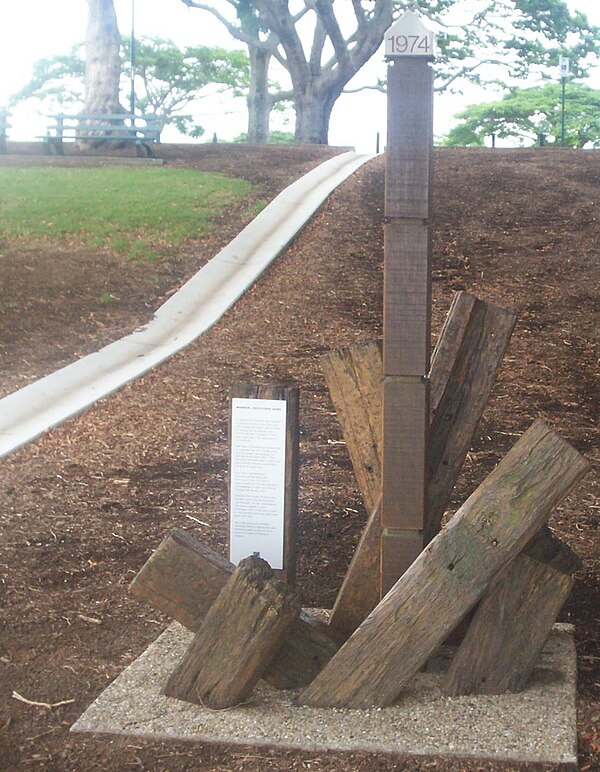 "Watermark" in New Farm Park is a red steel sculpture commemorating the flood.