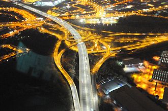 The interchange at night, as seen from a police helicopter West Midlands Police Helicopter - Night Time Photos - Gravelly Hill Interchange.jpg