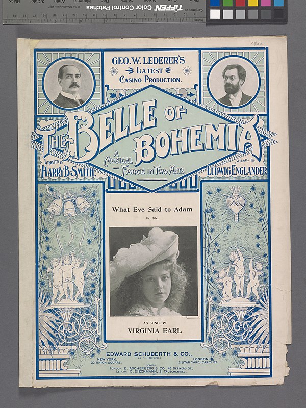 Sheet music cover for 'What Eve Said to Adam' - sung by Virginia Earle in the American production