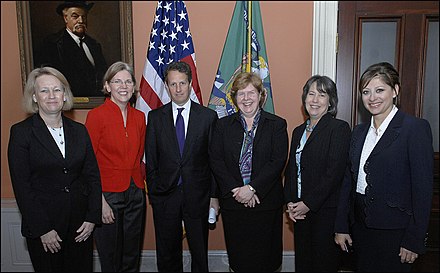 SEC Chair Mary Schapiro, Congressional Oversight Panel Chair Elizabeth Warren, Treasury Secretary Tim Geithner, Chair of the Council of Economic Advisers Christina Romer, Federal Deposit Insurance Corporation Chairman Sheila Bair, and Maria Bartiromo of CNBC at the Women in Finance Symposium, 29 March 2010