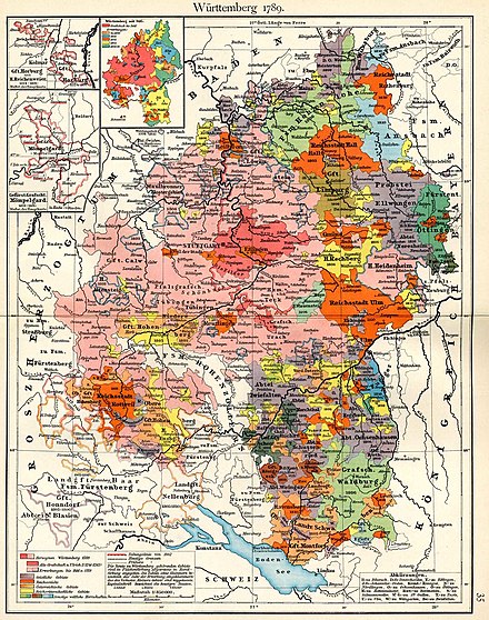 Württemberg more than doubled its size when it absorbed some 15 Free Cities (in orange) and other territories during the mediatisations of 1803 and 1806.