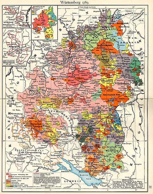 Württemberg more than doubled its size when it absorbed some 15 Free Cities (in orange) and other territories during the mediatisations of 1803 and 18